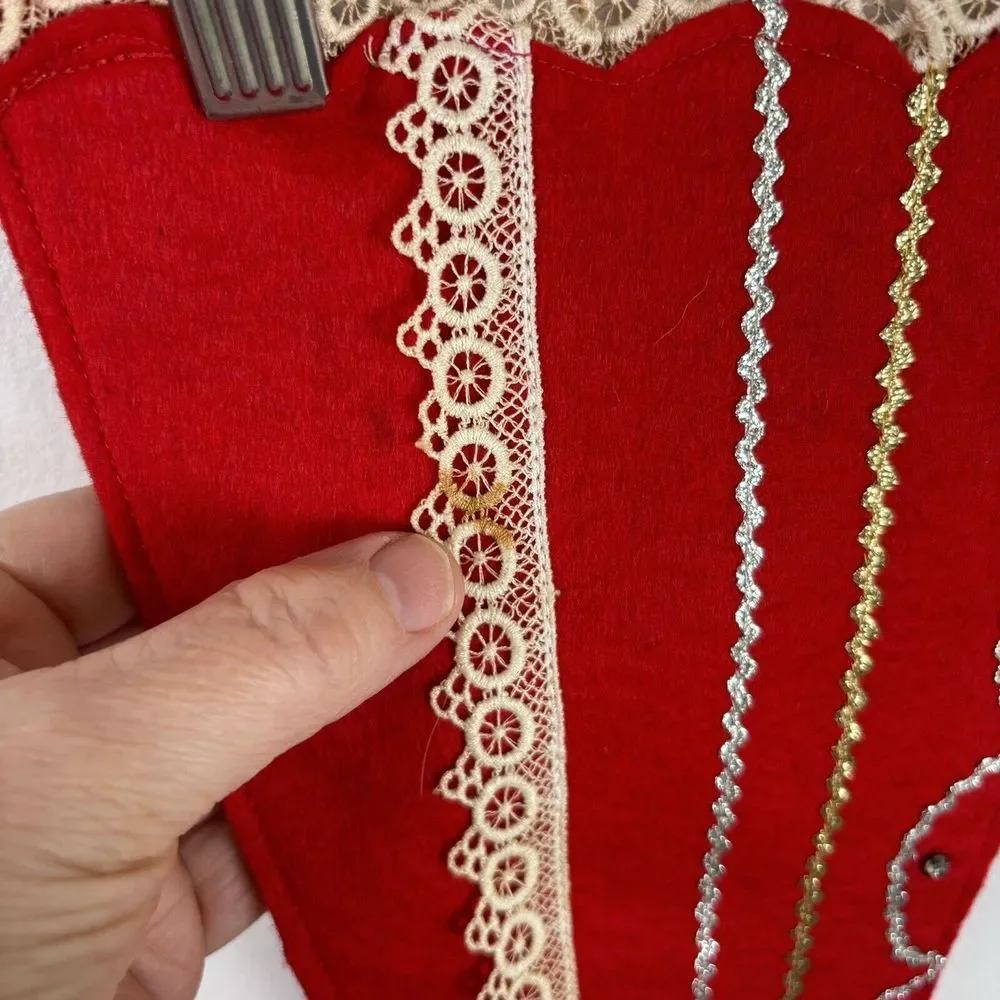 Vintage‎ Wool Felt Victorian Boot Christmas Stocking Red Lace Sewn Bejeweled